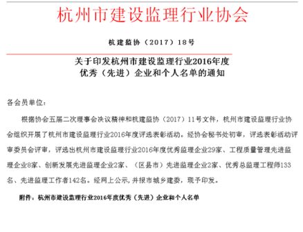 熱烈祝賀集團設計院及監理公司榮獲杭州市“優(yōu)秀監理企業(yè)”榮譽(yù)稱(chēng)號